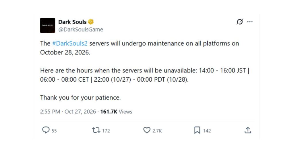 Dark Souls 2 Server Maintenance notice