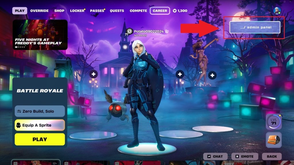 Lobby screen in Fortnite with admin panel on top right
