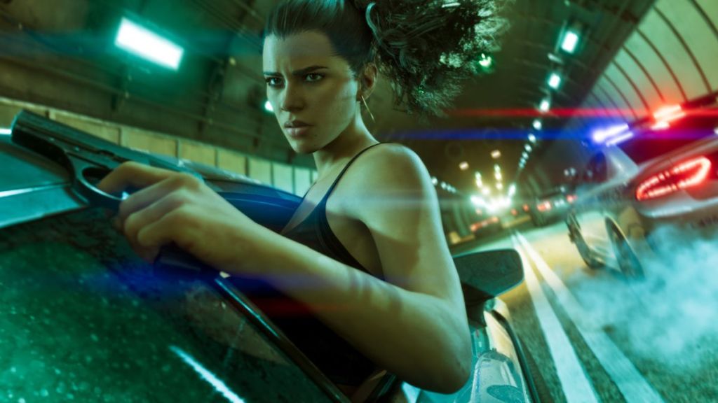 Lucia peeking out of a car window with gun in GTA 6