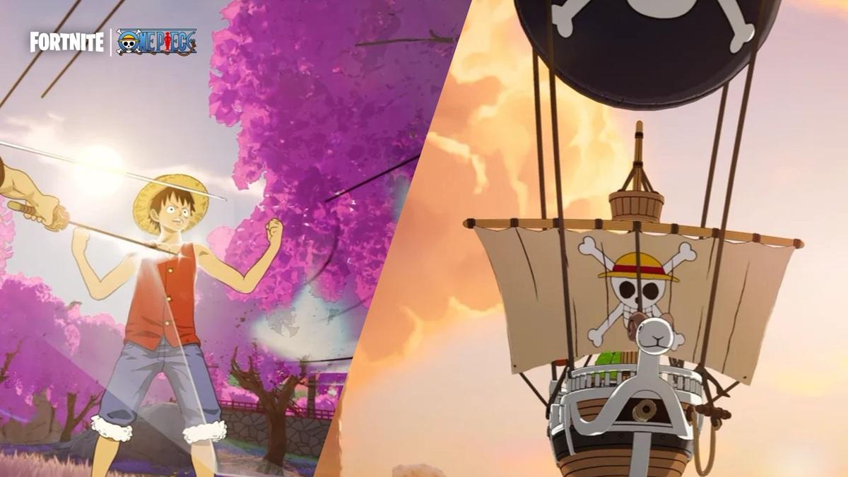 subject description: Luffy and Going Merry in Fortnite collaboration artwork