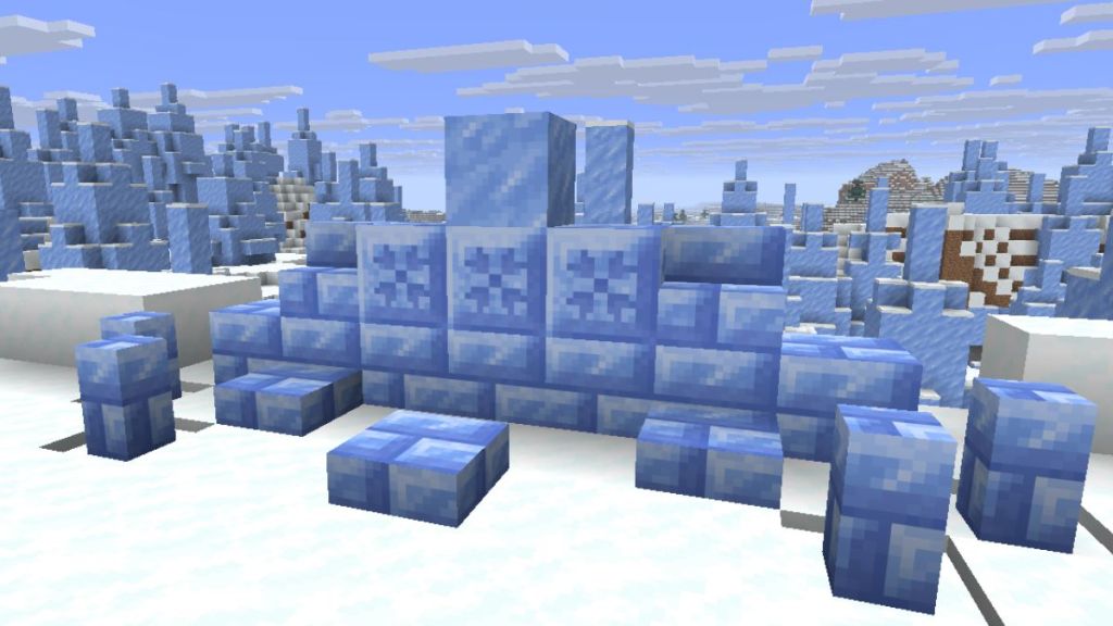 Packed Ice Brick block variants with slabs, stairs, walls, and chiseled Ice block in Minecraft