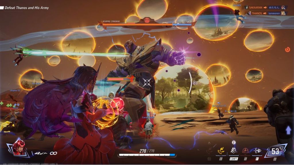 Scarlet Witch fighting against Thanos in Avengers Endgame PvE mode in Marvel Rivals