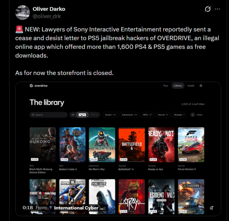 Sony shuts down Overdrive storefront report from Oliver Darko's tweet.