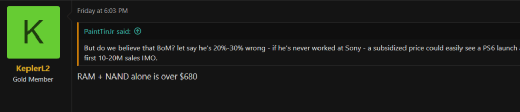 KeplerL2's reply about PS6's memory and storage cost exceeding $680 per console.