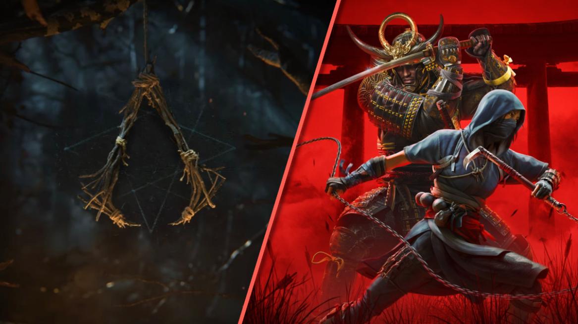 Assassin's Creed Hexe logo (left), Naoe and Yasuke in Assassin's Creed Shadows (right).