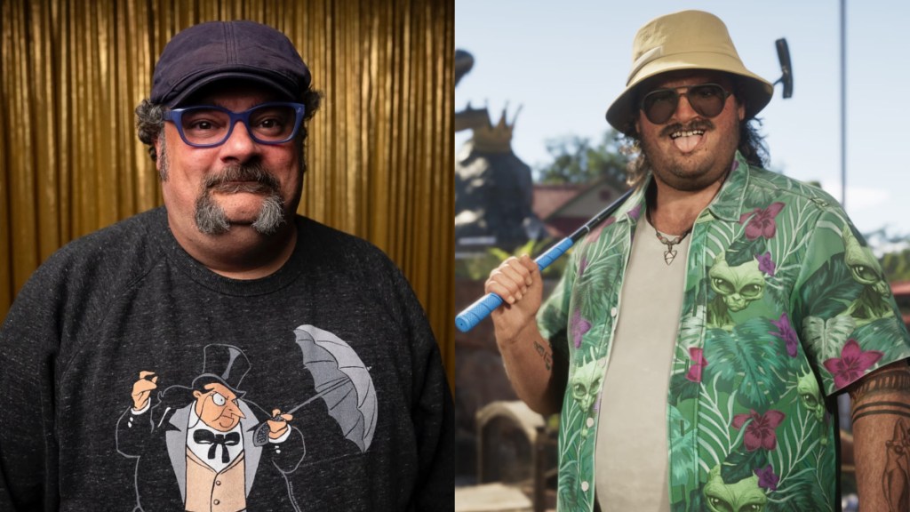 Bobby Moynihan on the Den of Geeks podcast (left), Cal Hampton in GTA 6.
