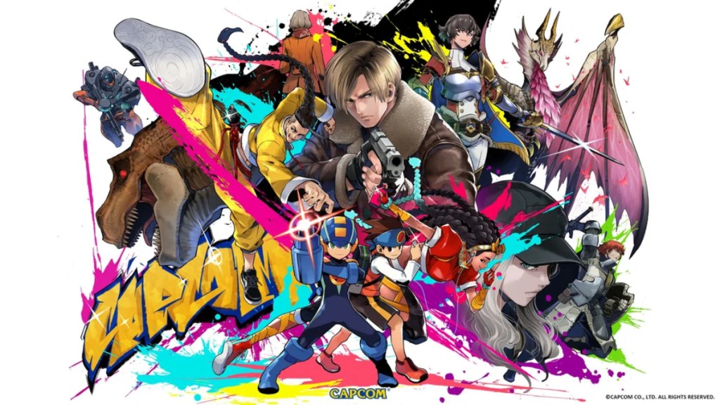 Capcom official 2023 artwork featuring multiple IPs including Resident Evil, Mega Man, and more.