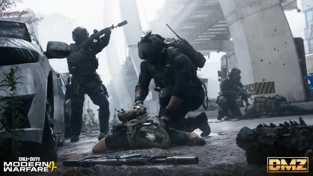 Call of Duty Modern Warfare 4 DMZ mode image with soldiers looting a body.