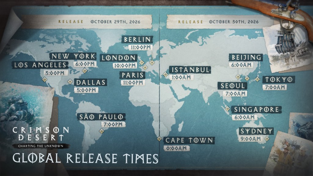 Crimson Desert Charting the Unknown global release times.