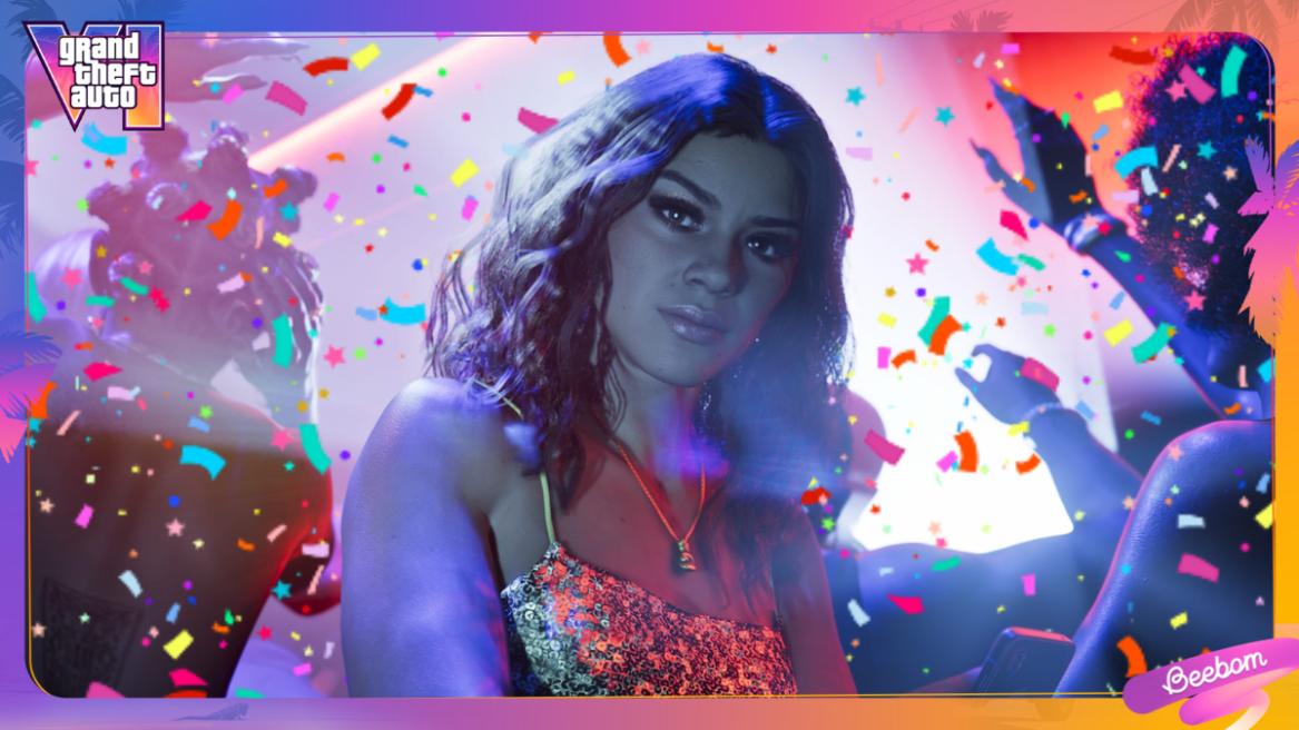 Lucia in GTA 6 in the NINE1NINE club with confetti effect over her.