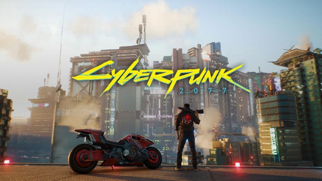 Cyberpunk 2077 image with V and his bike in Night City.