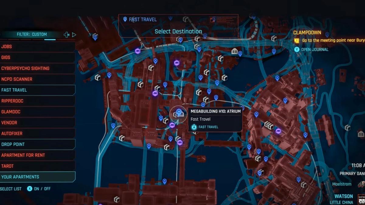Megabuilding H10 location on the Cyberpunk 2077 map.