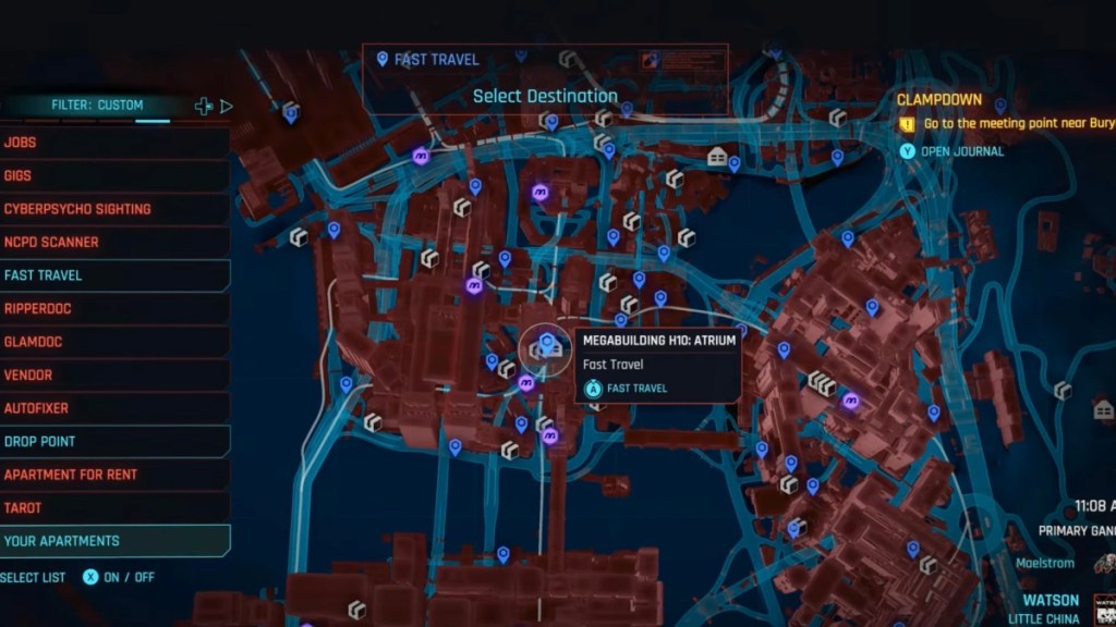 Megabuilding H10 location on the Cyberpunk 2077 map.