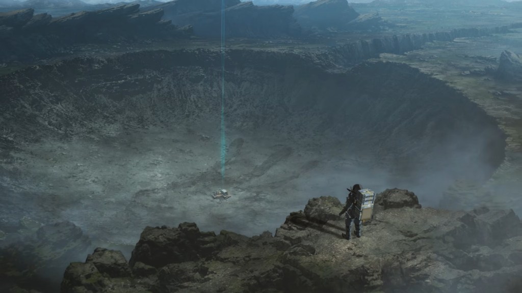 A Porter looking a massive Voidout crater in Death Stranding Isolations.