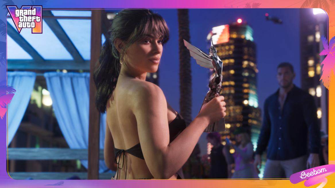 Lucia in GTA 6 holding The Game Awards trophy.