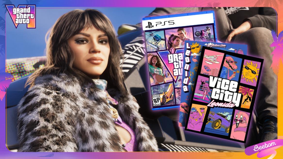 GTA 6 Ultimate Edition screenshot with Lucia and the GTA 6 physcial edition with the Collector's Map.