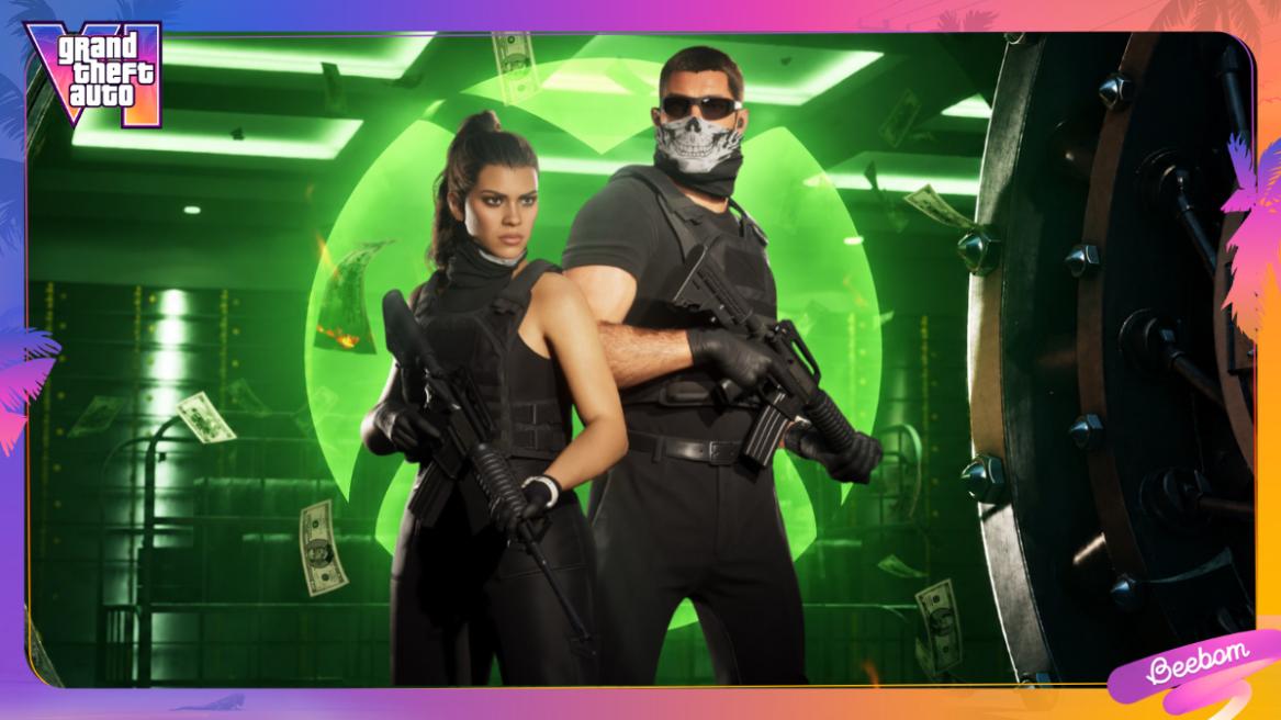 GTA 6 screenshot with Jason and Lucia inside a bank with the Xbox logo in the background.