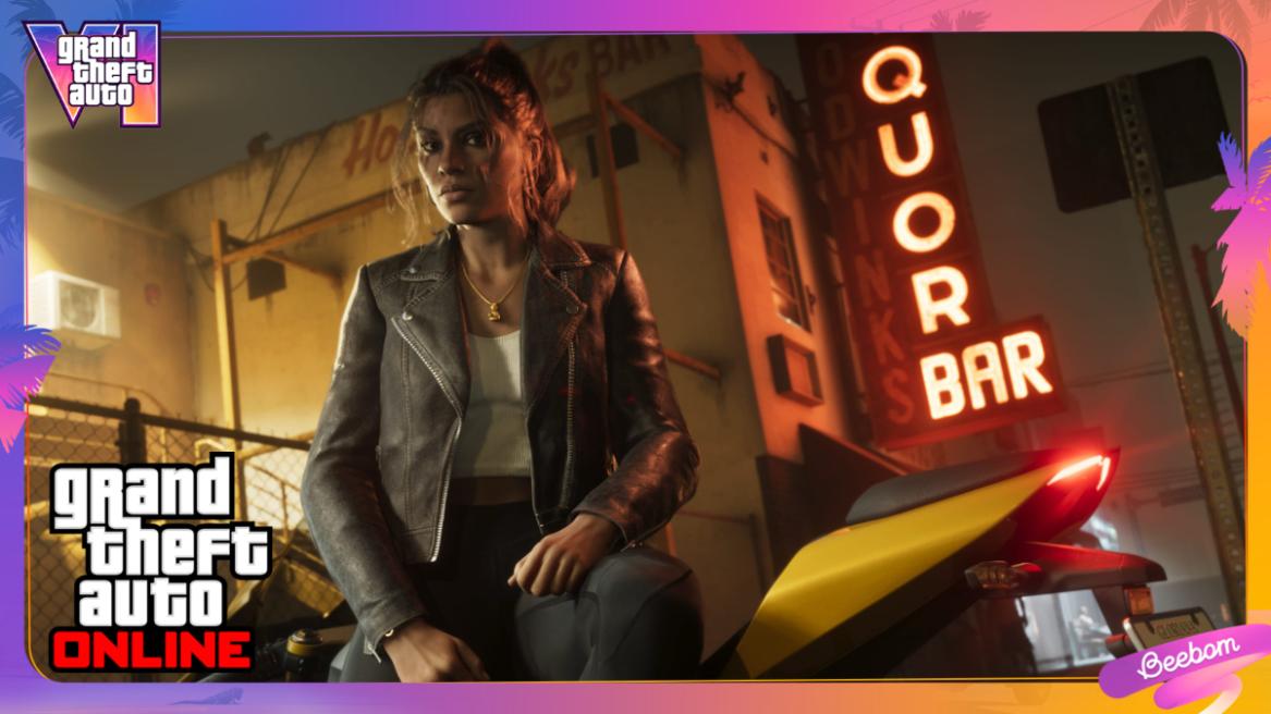 GTA 6 screenshot with Lucia with the GTA Online logo.