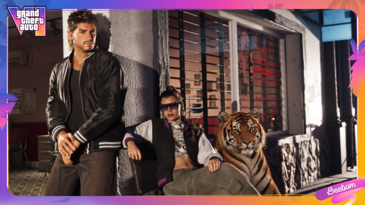 GTA 6 Ultimate Edition screenshot with Jason, Lucia, and a pet tiger edited in.