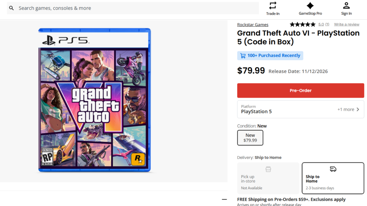 GTA 6 PS5 GameStop physical edition listing.