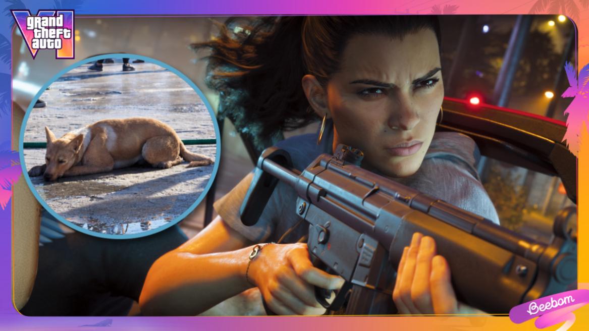 GTA 6 screenshot featuring Lucia in a shootout along with the image of a dog.