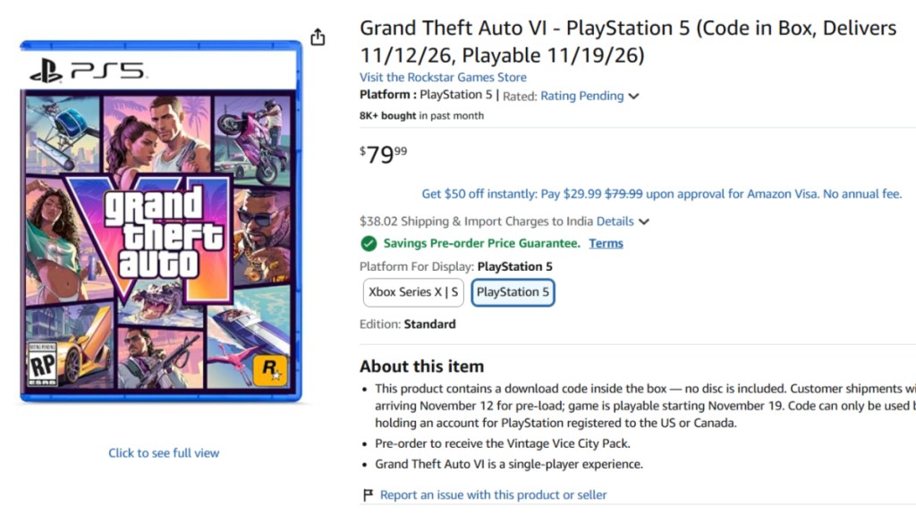 GTA 6 PS5 physical copy listing on Amazon.