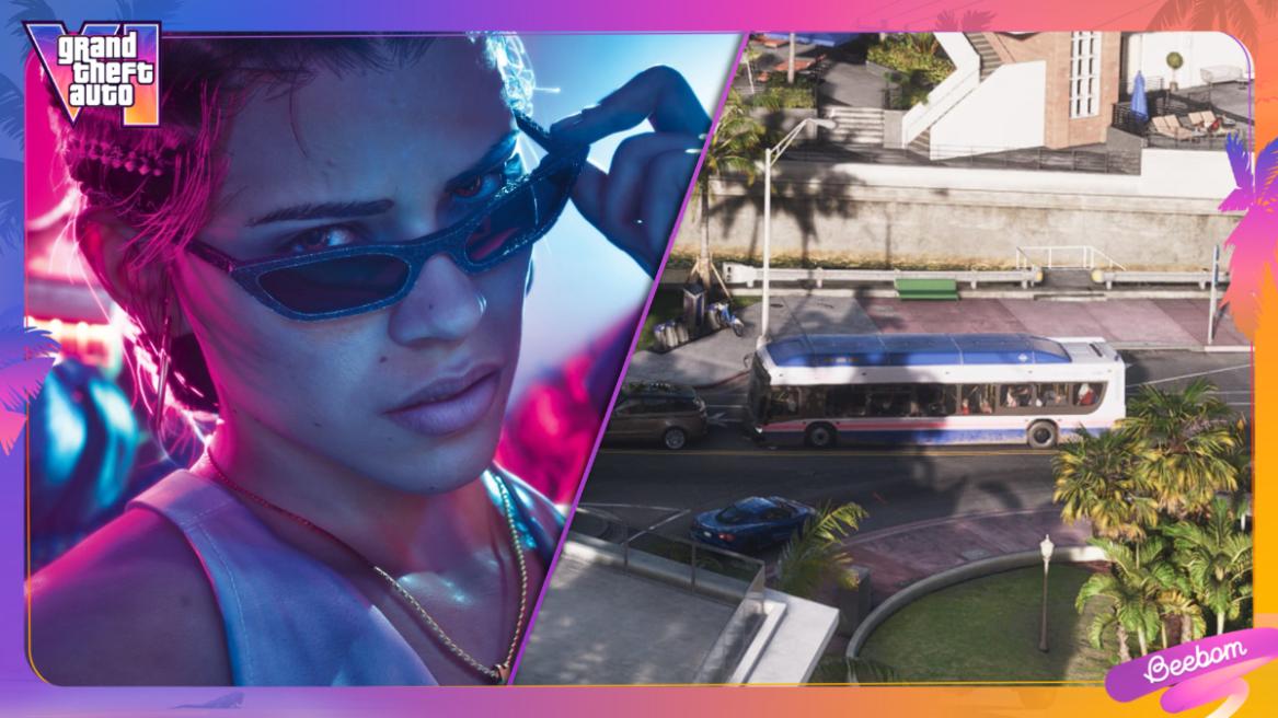 GTA 6 screenshot featuring Lucia inside a club (left), a bus roaming the streets of Leonida in GTA 6 (right).