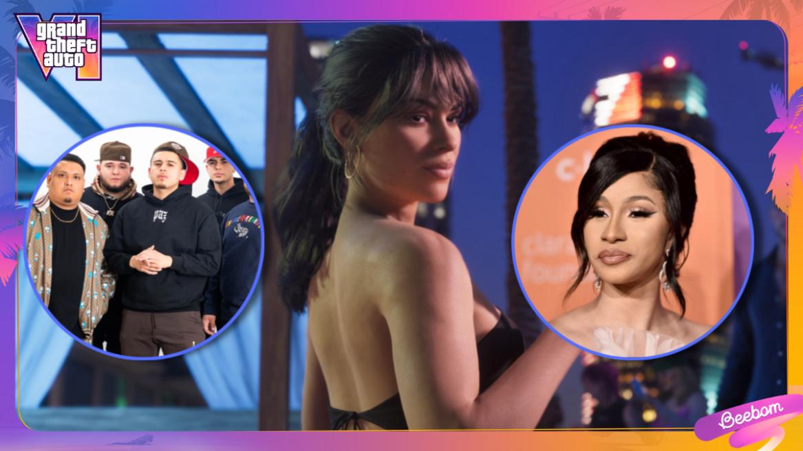 GTA 6 image with Lucia with Fuerza Regida and Cardi B on each of her sides.
