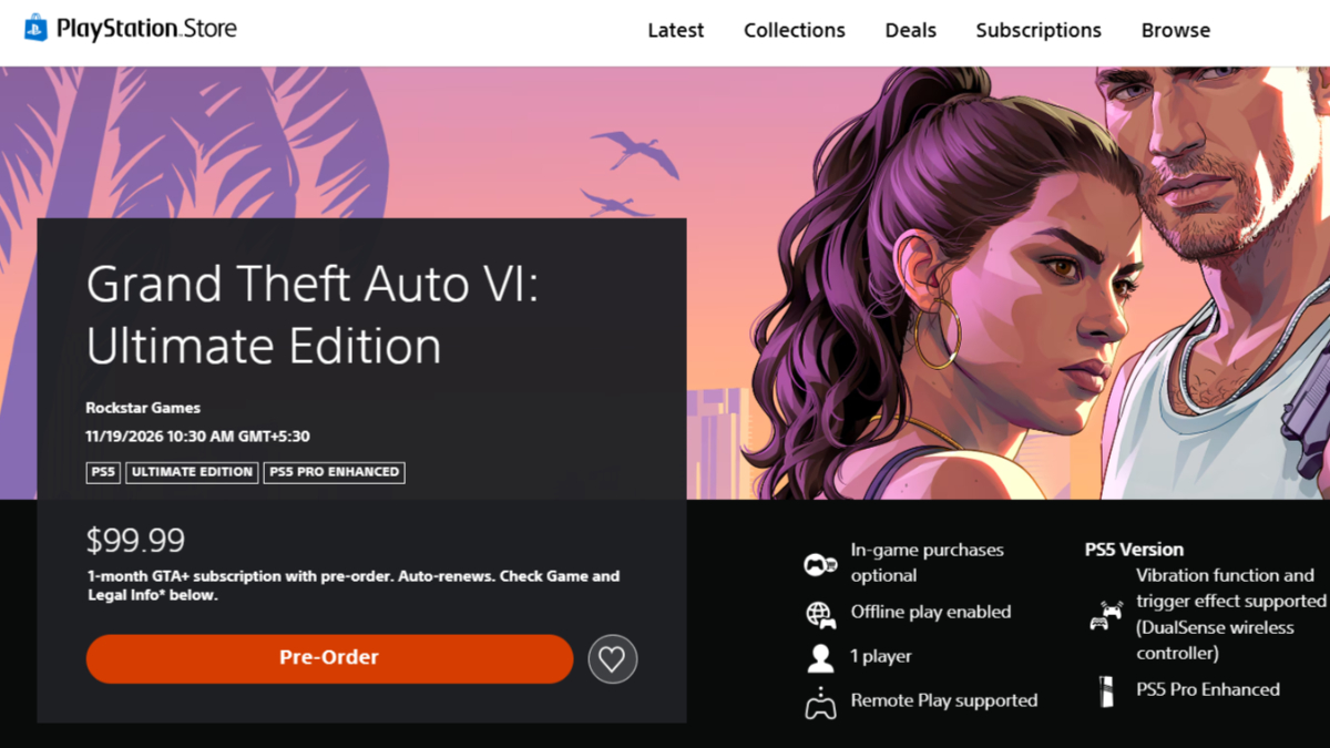 GTA 6 Ultimate Edition for $99.99 on the official PlayStation Store page.