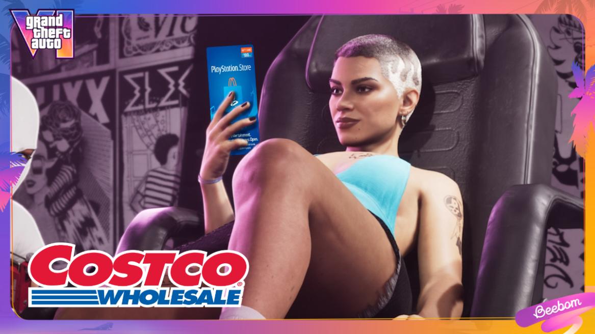 GTA 6 Ultimate Edition Lucia image at a salon with a PS Store gift card on her hand and the Costco logo beside her.