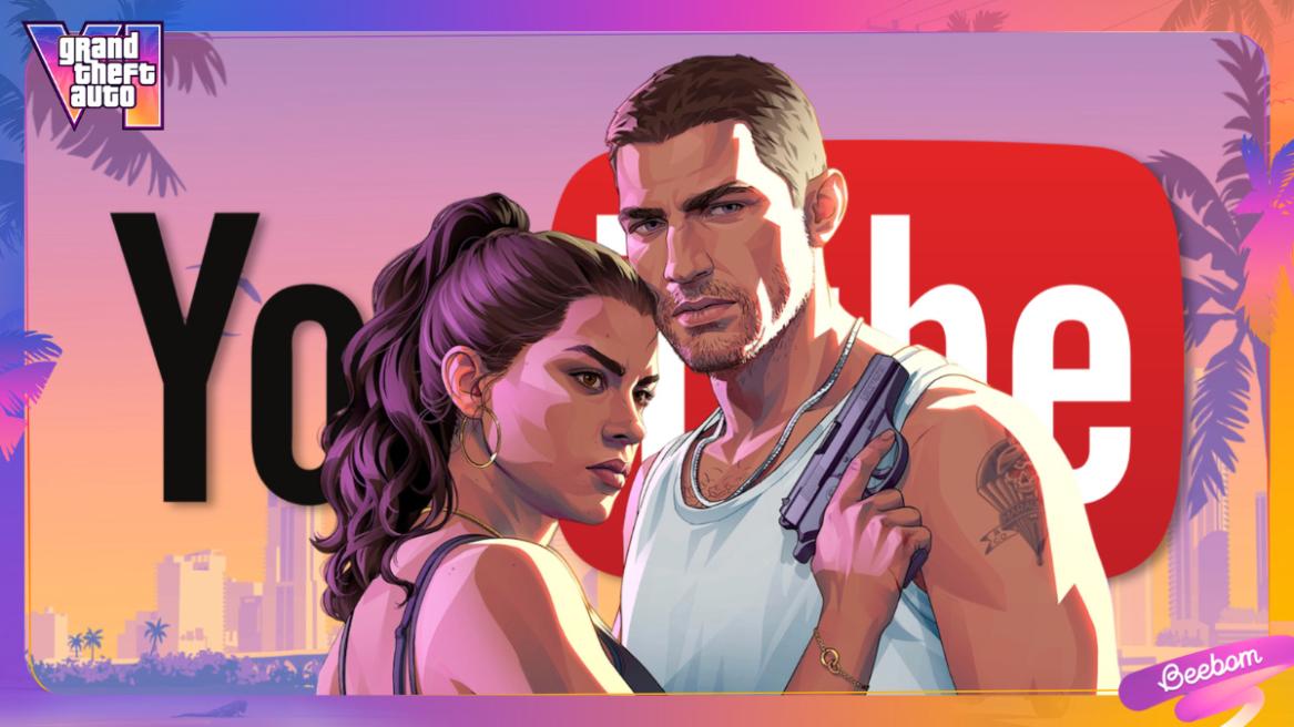 GTA 6 official artwork with Jason and Lucia with the YouTube logo in the background.