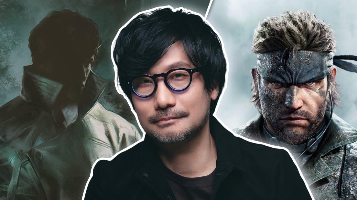 Hideo Kojima with the PHYSINT poster and the Metal Gear Solid: Delta remake poster behind him.