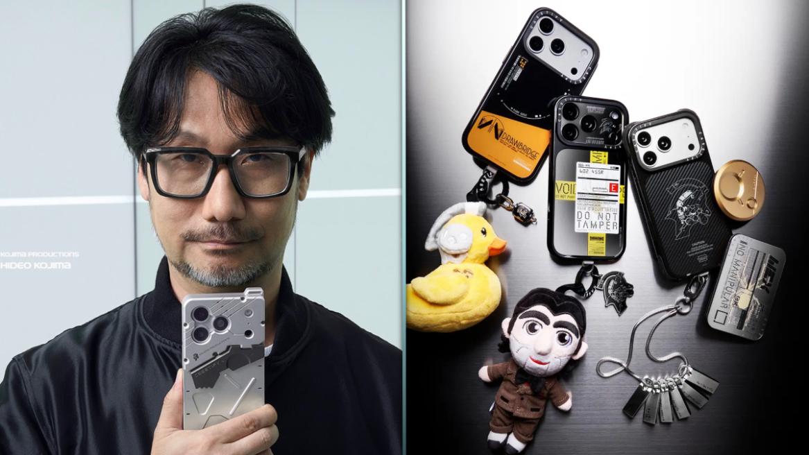 Hideo Kojima with the new Kojima Productions Casetify case (left), Kojima Production x Casetify accessories (right).