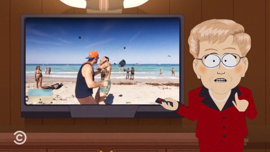 Jason beating up an NPC with dog poop in GTA 6 in the newest South Park episode.
