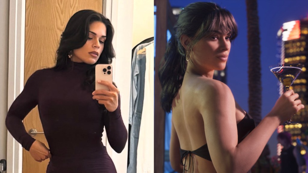 Manni L. Perez taking a selfie (left), Lucia Caminos in GTA 6 (right).
