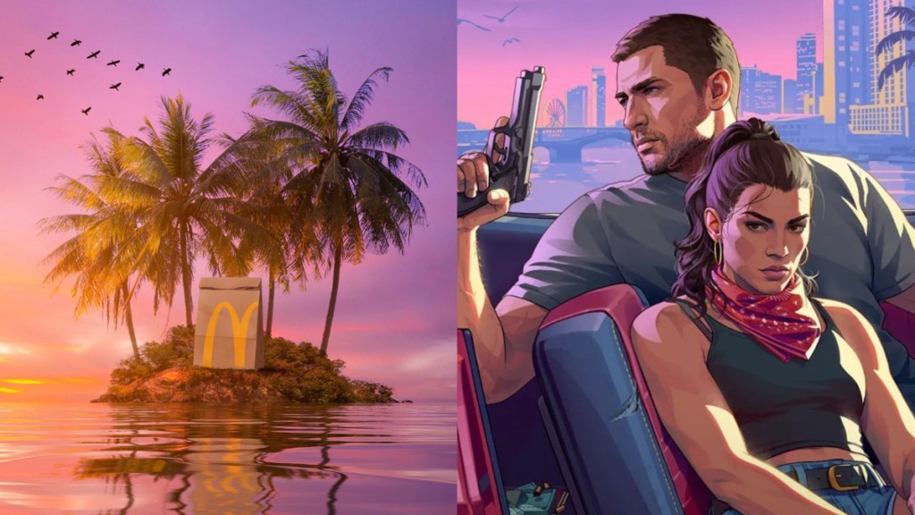 McDonald's UK's instagram post teasing the GTA 6 collab (left), Jason and Lucia in a GTA 6 artwork (right).