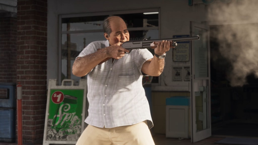 A storeowner in GTA 6 pointing a shotgun.