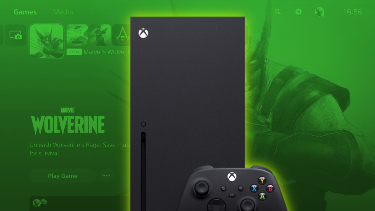 Xbox Series X console with the PS5 UI in the background and multiple PS games.