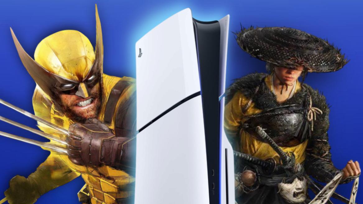 Base PS5 with Wolverine and Ghost of Yotei covers side by side.