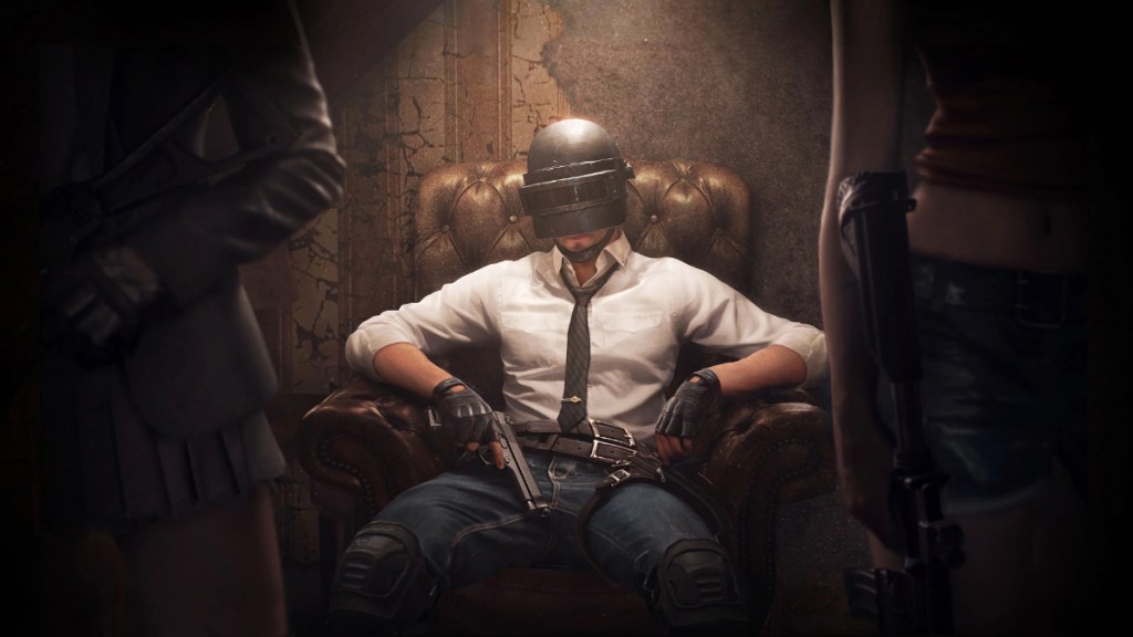 PUBG PC official image with the main character sitting with his iconic white shirt and Level 3 Helmet.