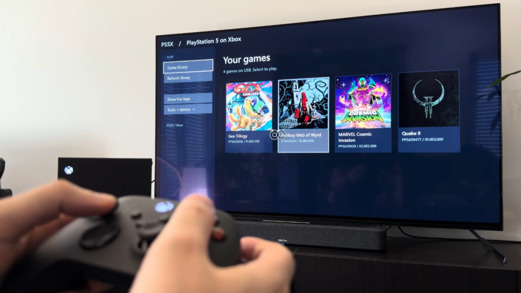 PS5 games running on Xbox Series X with an Xbox controller.