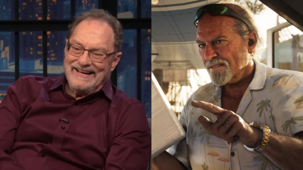 Stephen Root on Late Night with Seth Meyers (left), Brian Heder in GTA 6 (right).