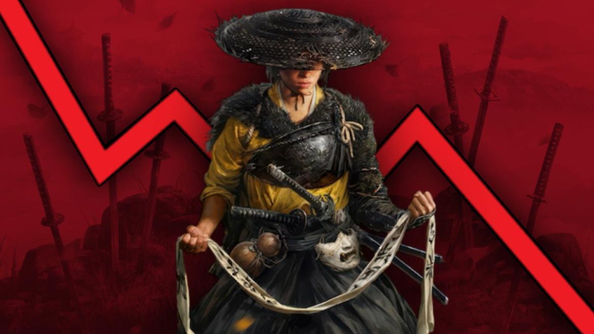 Ghost of Yotei image featuring Atsu with a red downward arrow logo in the background.