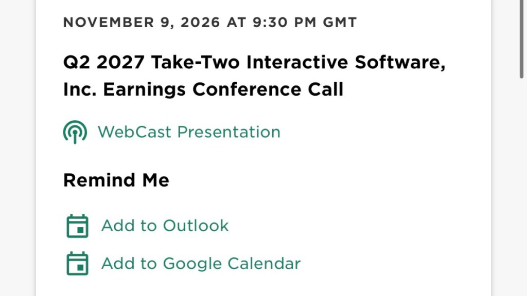 Take-Two's earnings call slated for November 9, 2026.