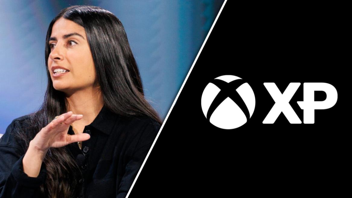Xbox CEO Asha Sharma with the Xbox XP logo.